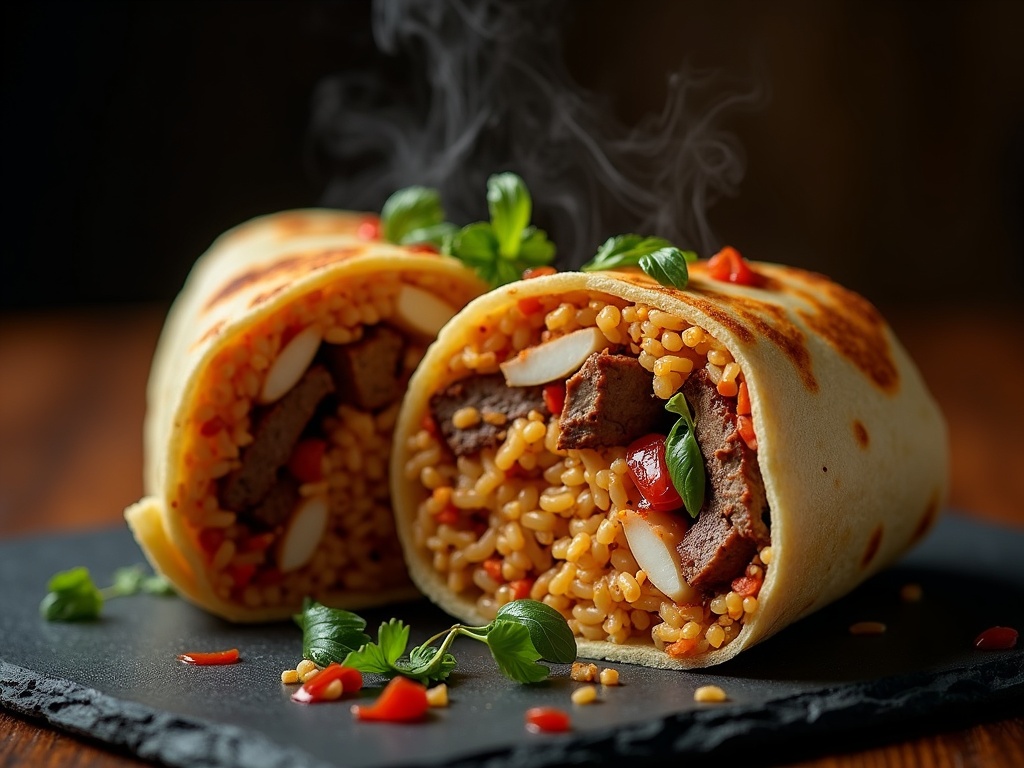 Fusion burrito cut in half showing bold ingredients